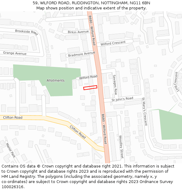 59, WILFORD ROAD, RUDDINGTON, NOTTINGHAM, NG11 6BN: Location map and indicative extent of plot