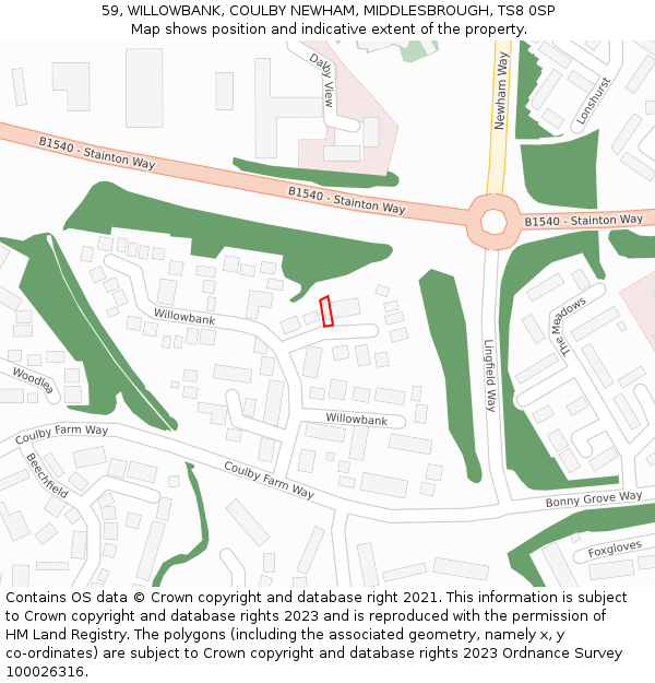 59, WILLOWBANK, COULBY NEWHAM, MIDDLESBROUGH, TS8 0SP: Location map and indicative extent of plot