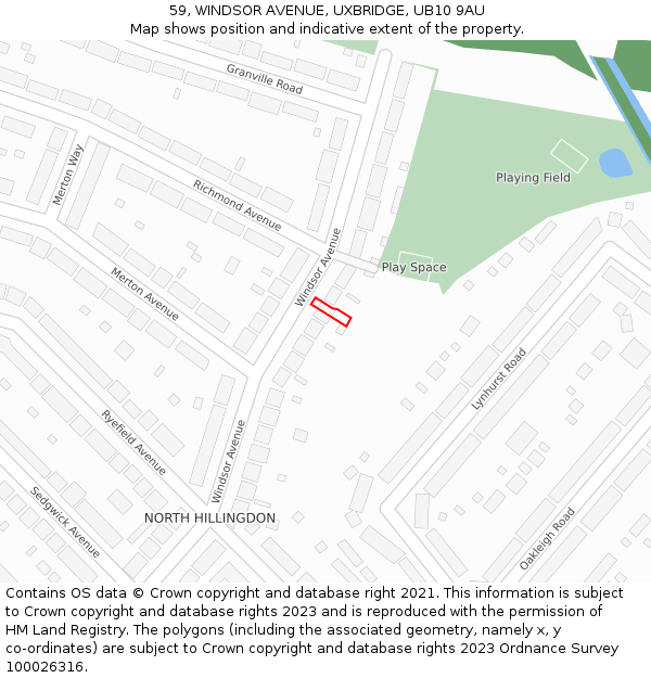 59, WINDSOR AVENUE, UXBRIDGE, UB10 9AU: Location map and indicative extent of plot