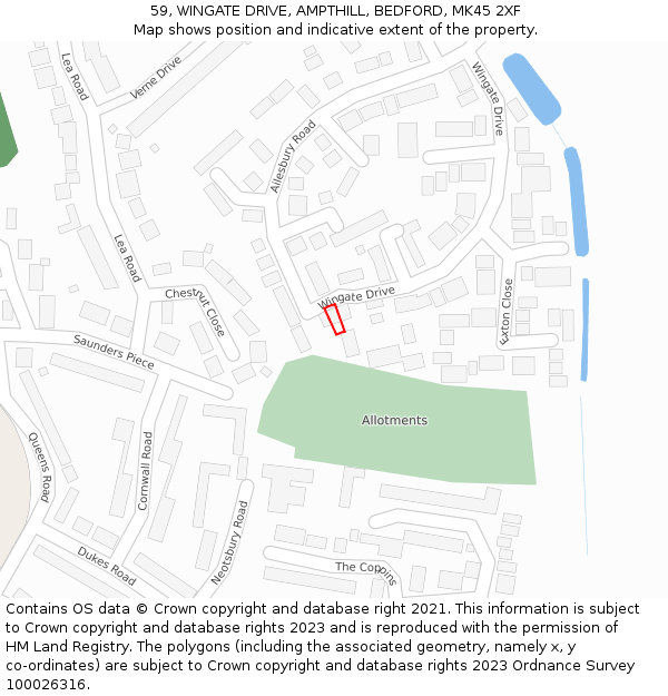 59, WINGATE DRIVE, AMPTHILL, BEDFORD, MK45 2XF: Location map and indicative extent of plot