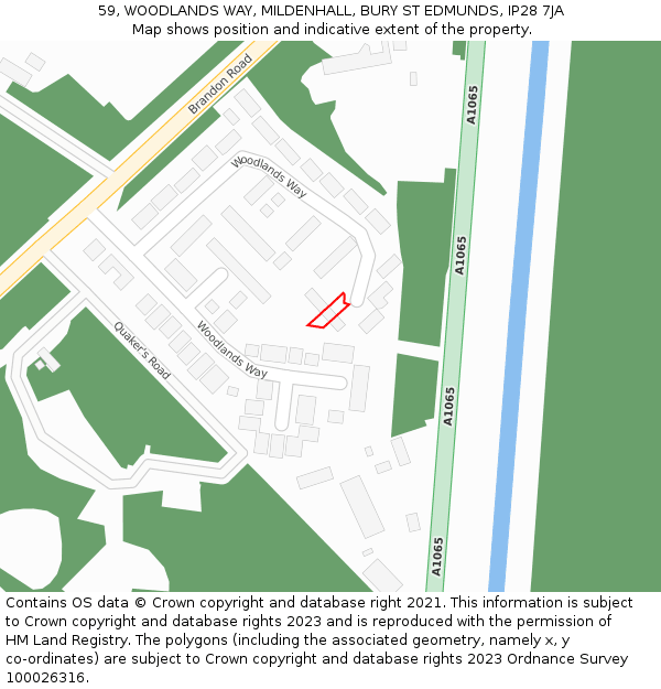 59, WOODLANDS WAY, MILDENHALL, BURY ST EDMUNDS, IP28 7JA: Location map and indicative extent of plot