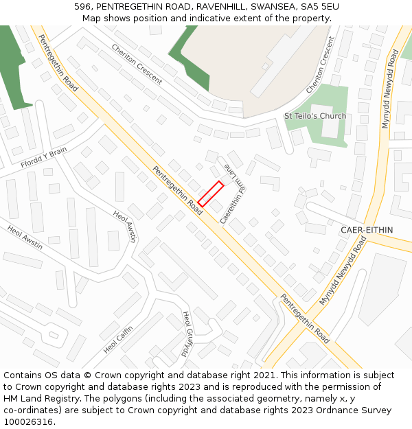 596, PENTREGETHIN ROAD, RAVENHILL, SWANSEA, SA5 5EU: Location map and indicative extent of plot