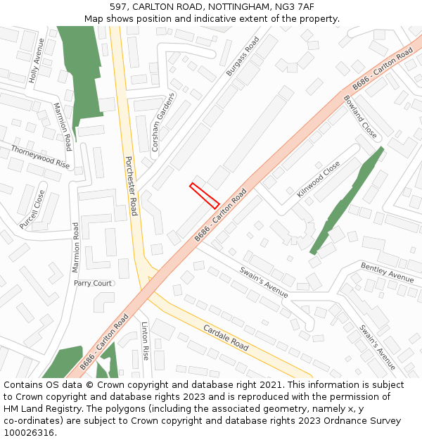 597, CARLTON ROAD, NOTTINGHAM, NG3 7AF: Location map and indicative extent of plot