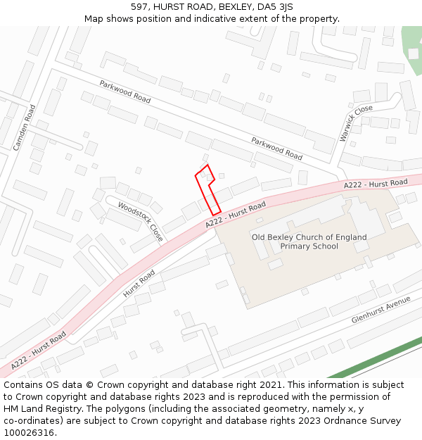 597, HURST ROAD, BEXLEY, DA5 3JS: Location map and indicative extent of plot