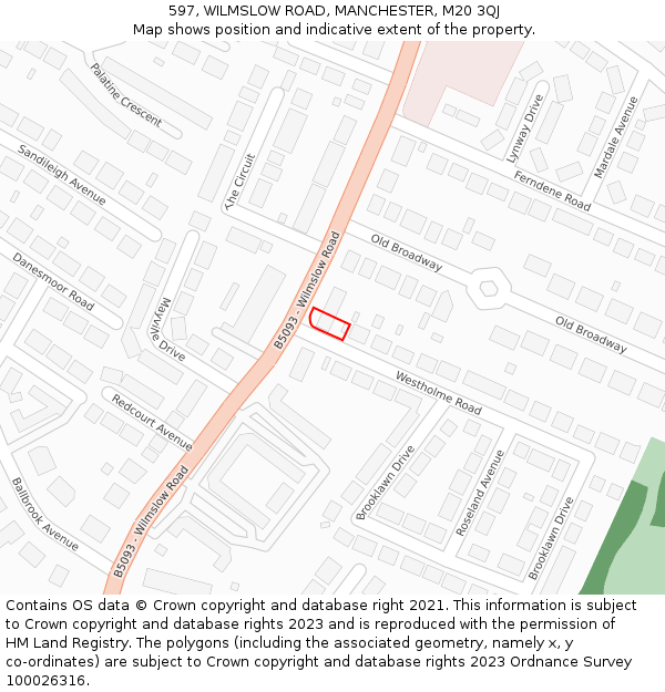 597, WILMSLOW ROAD, MANCHESTER, M20 3QJ: Location map and indicative extent of plot