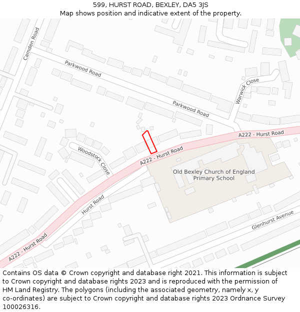 599, HURST ROAD, BEXLEY, DA5 3JS: Location map and indicative extent of plot
