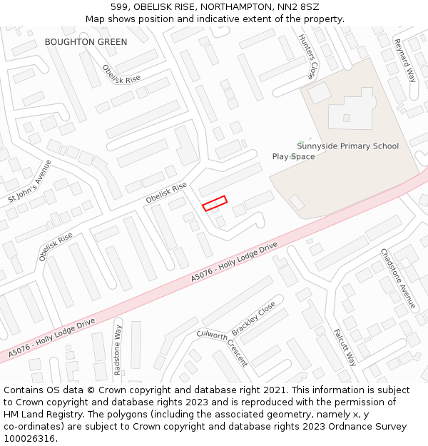 599, OBELISK RISE, NORTHAMPTON, NN2 8SZ: Location map and indicative extent of plot