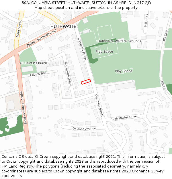 59A, COLUMBIA STREET, HUTHWAITE, SUTTON-IN-ASHFIELD, NG17 2JD: Location map and indicative extent of plot