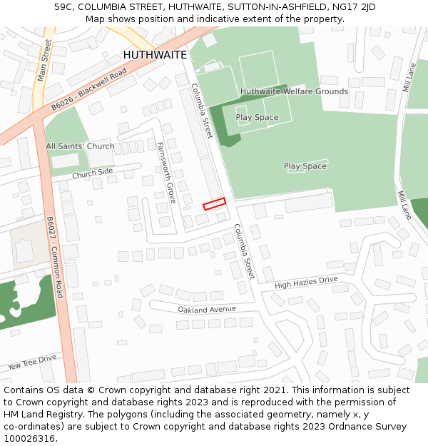 59C, COLUMBIA STREET, HUTHWAITE, SUTTON-IN-ASHFIELD, NG17 2JD: Location map and indicative extent of plot