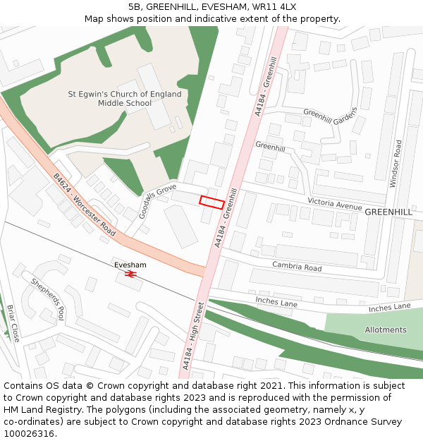 5B, GREENHILL, EVESHAM, WR11 4LX: Location map and indicative extent of plot