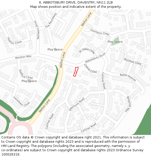 6, ABBOTSBURY DRIVE, DAVENTRY, NN11 2LB: Location map and indicative extent of plot