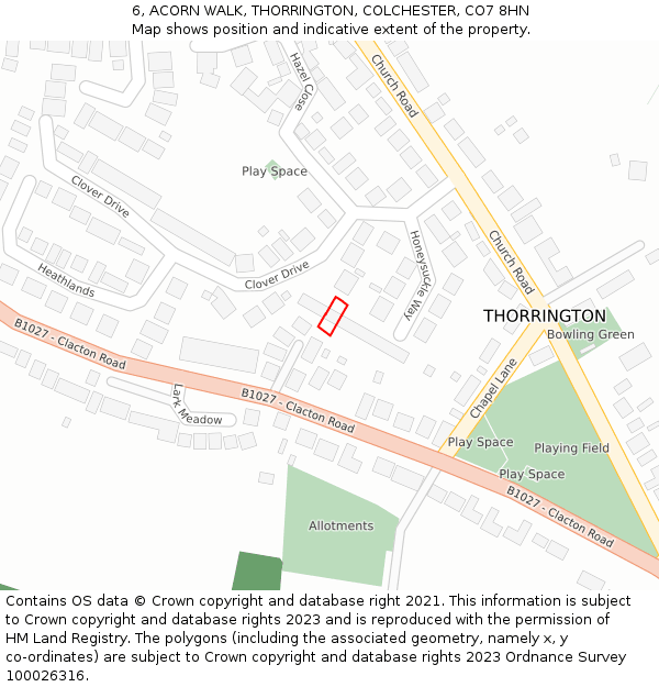 6, ACORN WALK, THORRINGTON, COLCHESTER, CO7 8HN: Location map and indicative extent of plot