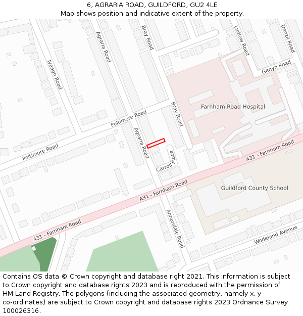 6, AGRARIA ROAD, GUILDFORD, GU2 4LE: Location map and indicative extent of plot