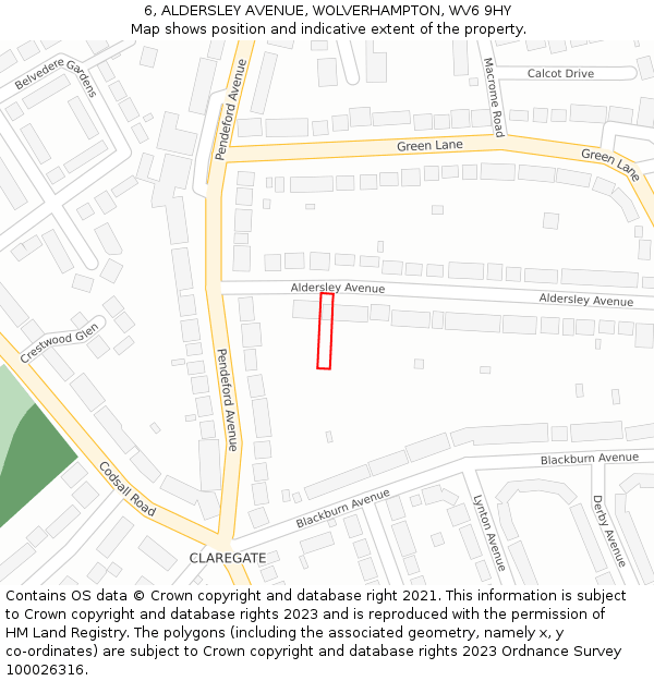 6, ALDERSLEY AVENUE, WOLVERHAMPTON, WV6 9HY: Location map and indicative extent of plot