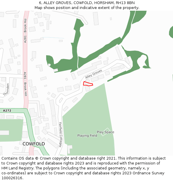6, ALLEY GROVES, COWFOLD, HORSHAM, RH13 8BN: Location map and indicative extent of plot