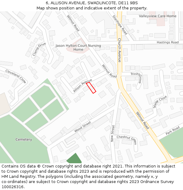 6, ALLISON AVENUE, SWADLINCOTE, DE11 9BS: Location map and indicative extent of plot