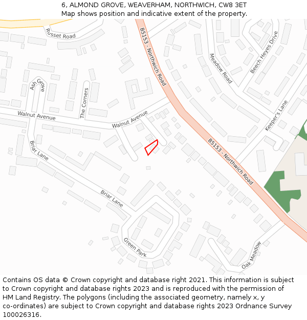 6, ALMOND GROVE, WEAVERHAM, NORTHWICH, CW8 3ET: Location map and indicative extent of plot