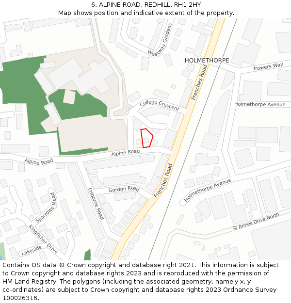 6, ALPINE ROAD, REDHILL, RH1 2HY: Location map and indicative extent of plot