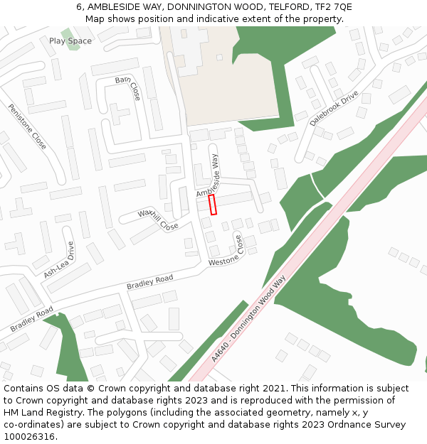 6, AMBLESIDE WAY, DONNINGTON WOOD, TELFORD, TF2 7QE: Location map and indicative extent of plot