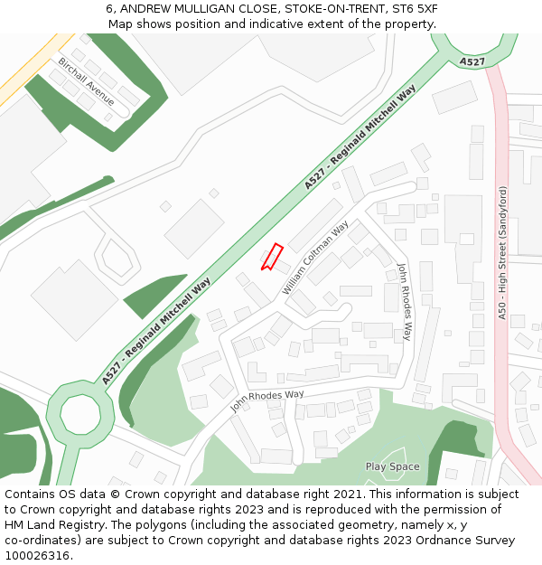 6, ANDREW MULLIGAN CLOSE, STOKE-ON-TRENT, ST6 5XF: Location map and indicative extent of plot