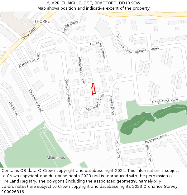 6, APPLEHAIGH CLOSE, BRADFORD, BD10 9DW: Location map and indicative extent of plot