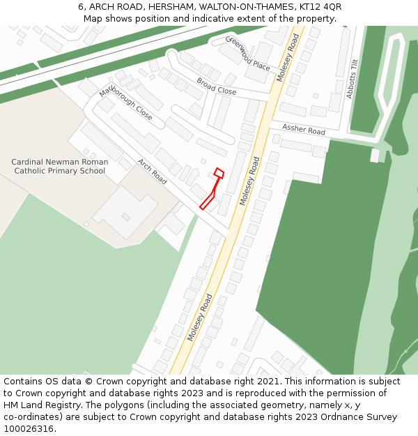 6, ARCH ROAD, HERSHAM, WALTON-ON-THAMES, KT12 4QR: Location map and indicative extent of plot