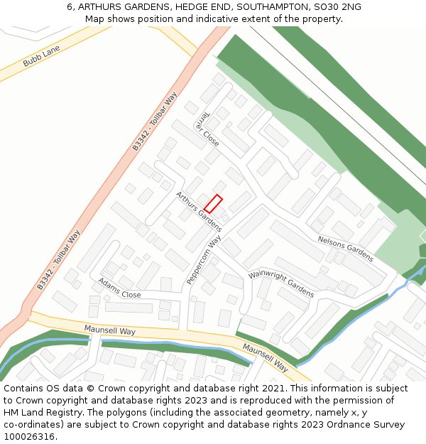 6, ARTHURS GARDENS, HEDGE END, SOUTHAMPTON, SO30 2NG: Location map and indicative extent of plot