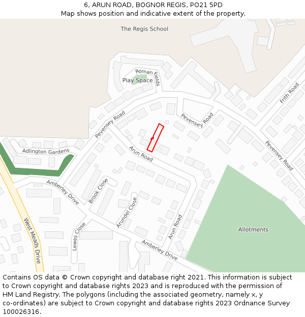 6, ARUN ROAD, BOGNOR REGIS, PO21 5PD: Location map and indicative extent of plot