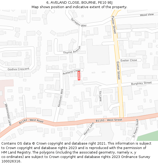 6, AVELAND CLOSE, BOURNE, PE10 9EJ: Location map and indicative extent of plot