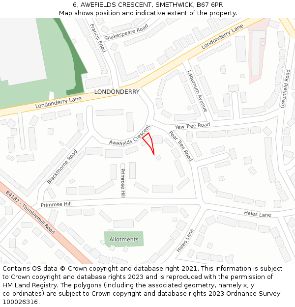 6, AWEFIELDS CRESCENT, SMETHWICK, B67 6PR: Location map and indicative extent of plot