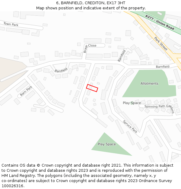 6, BARNFIELD, CREDITON, EX17 3HT: Location map and indicative extent of plot