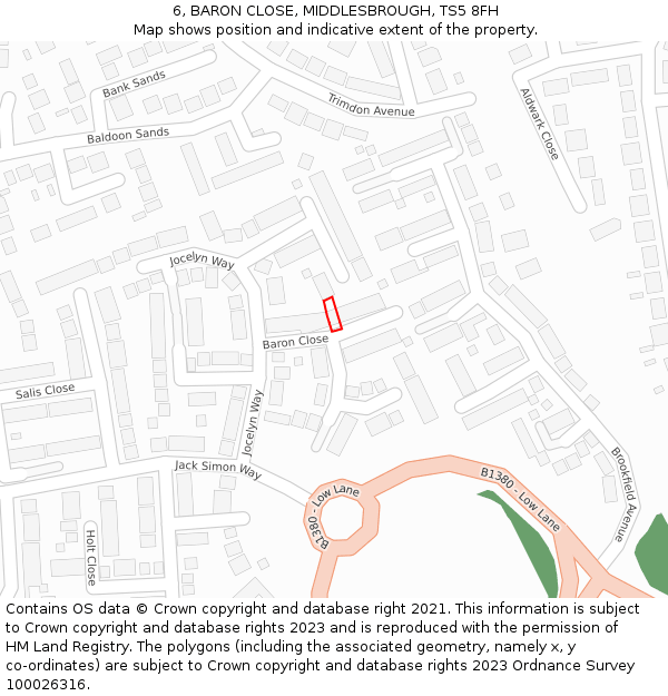 6, BARON CLOSE, MIDDLESBROUGH, TS5 8FH: Location map and indicative extent of plot