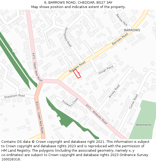 6, BARROWS ROAD, CHEDDAR, BS27 3AY: Location map and indicative extent of plot