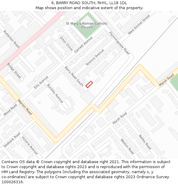 6, BARRY ROAD SOUTH, RHYL, LL18 1DL: Location map and indicative extent of plot