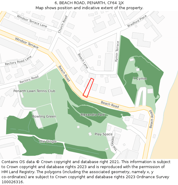 6, BEACH ROAD, PENARTH, CF64 1JX: Location map and indicative extent of plot