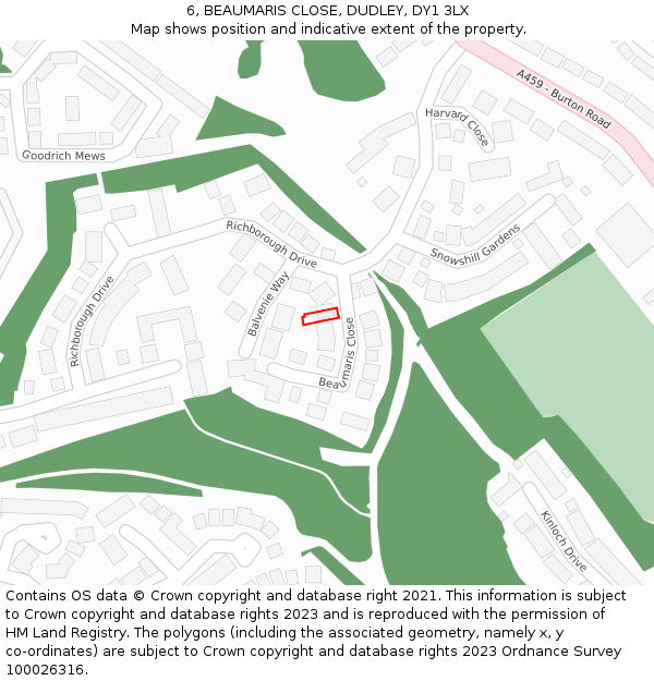 6, BEAUMARIS CLOSE, DUDLEY, DY1 3LX: Location map and indicative extent of plot