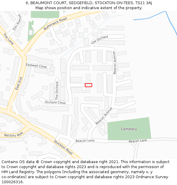 6, BEAUMONT COURT, SEDGEFIELD, STOCKTON-ON-TEES, TS21 3AJ: Location map and indicative extent of plot