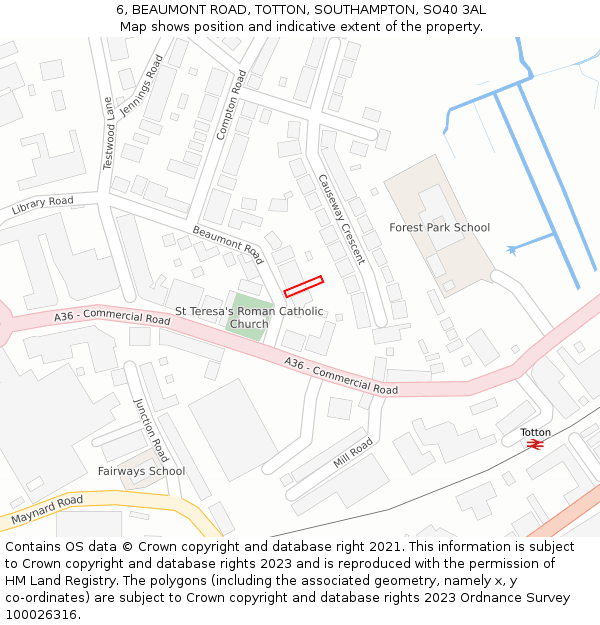 6, BEAUMONT ROAD, TOTTON, SOUTHAMPTON, SO40 3AL: Location map and indicative extent of plot