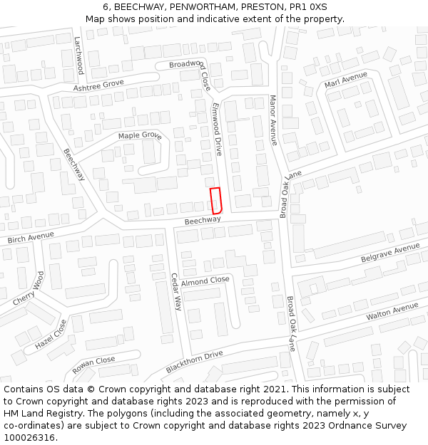 6, BEECHWAY, PENWORTHAM, PRESTON, PR1 0XS: Location map and indicative extent of plot