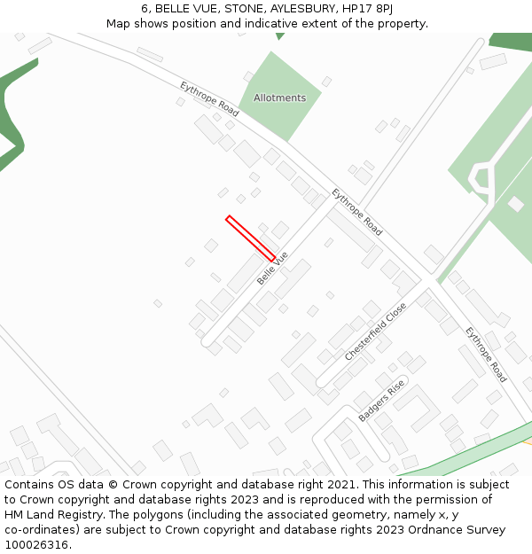 6, BELLE VUE, STONE, AYLESBURY, HP17 8PJ: Location map and indicative extent of plot
