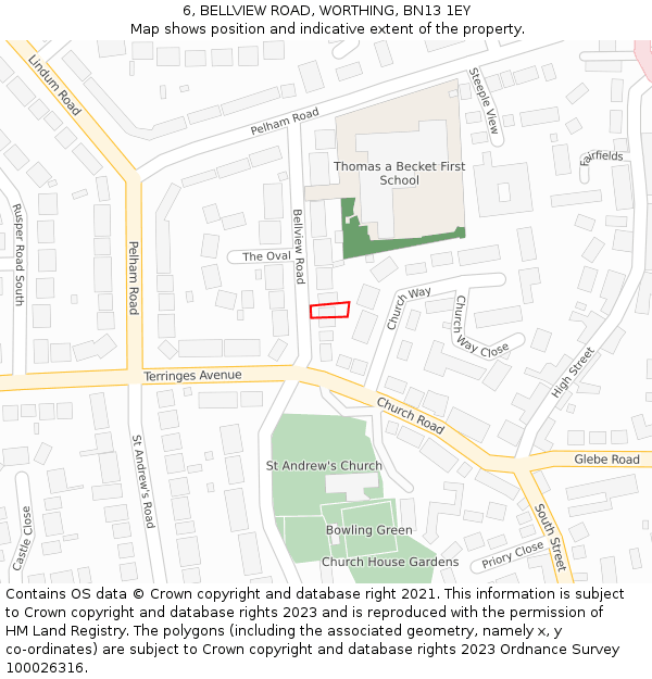 6, BELLVIEW ROAD, WORTHING, BN13 1EY: Location map and indicative extent of plot