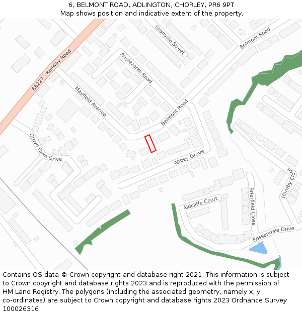 6, BELMONT ROAD, ADLINGTON, CHORLEY, PR6 9PT: Location map and indicative extent of plot