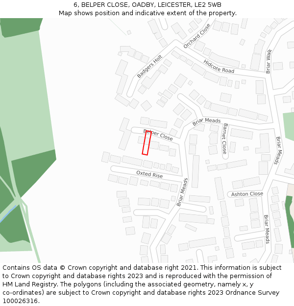 6, BELPER CLOSE, OADBY, LEICESTER, LE2 5WB: Location map and indicative extent of plot