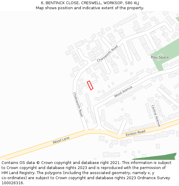 6, BENTINCK CLOSE, CRESWELL, WORKSOP, S80 4LJ: Location map and indicative extent of plot