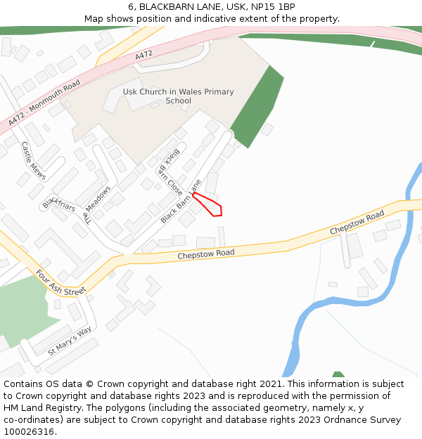 6, BLACKBARN LANE, USK, NP15 1BP: Location map and indicative extent of plot