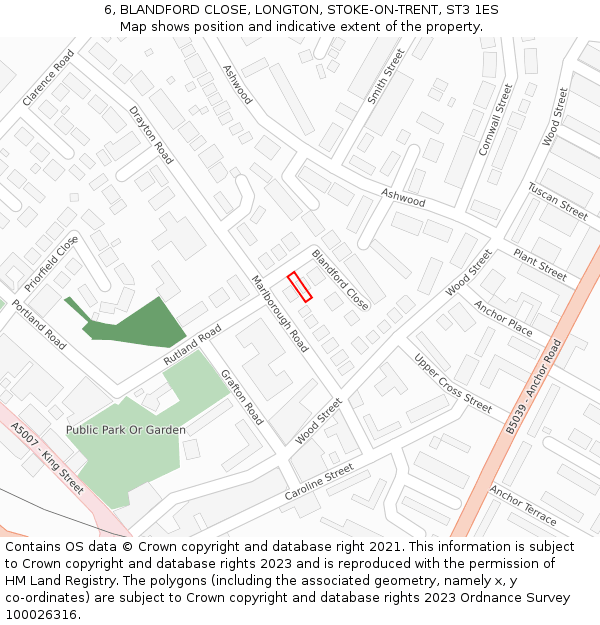 6, BLANDFORD CLOSE, LONGTON, STOKE-ON-TRENT, ST3 1ES: Location map and indicative extent of plot