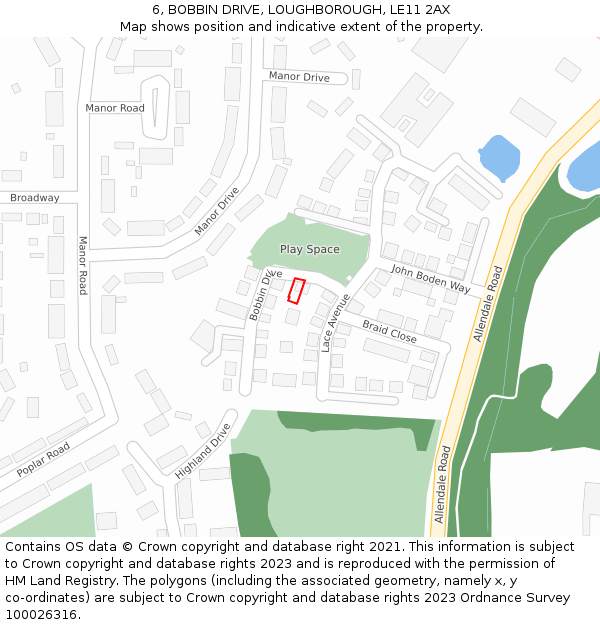 6, BOBBIN DRIVE, LOUGHBOROUGH, LE11 2AX: Location map and indicative extent of plot