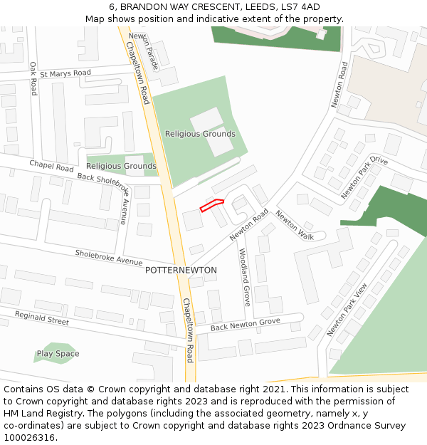 6, BRANDON WAY CRESCENT, LEEDS, LS7 4AD: Location map and indicative extent of plot