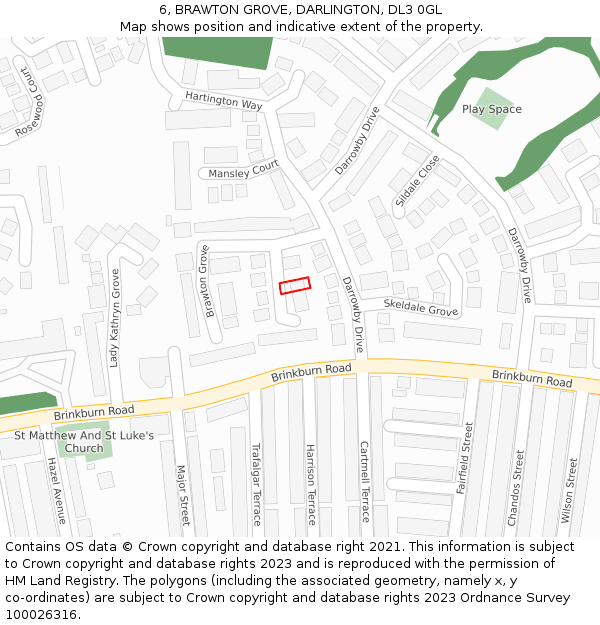 6, BRAWTON GROVE, DARLINGTON, DL3 0GL: Location map and indicative extent of plot