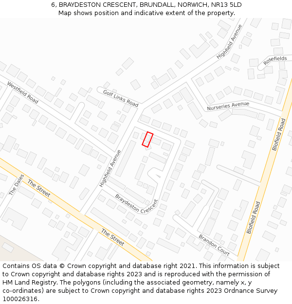 6, BRAYDESTON CRESCENT, BRUNDALL, NORWICH, NR13 5LD: Location map and indicative extent of plot